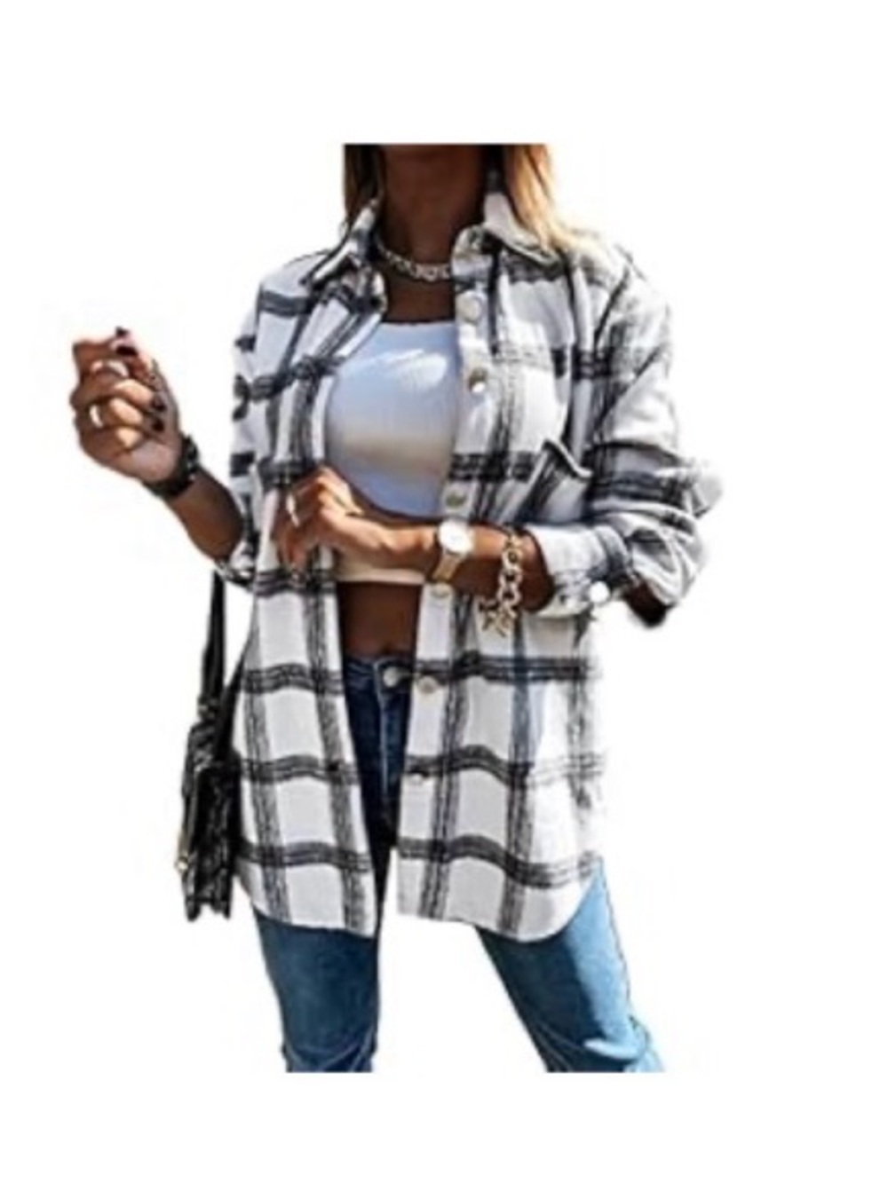 PRETTY GARDEN Trendy Black & White Shacket Flannel Button Down 🖤